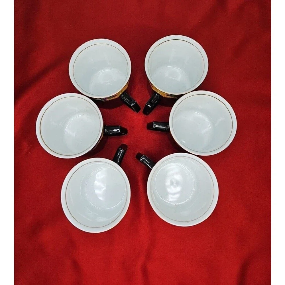 Black Coffee Cup & Saucer Tea Set Of 6 Yellow Blue Flowers
